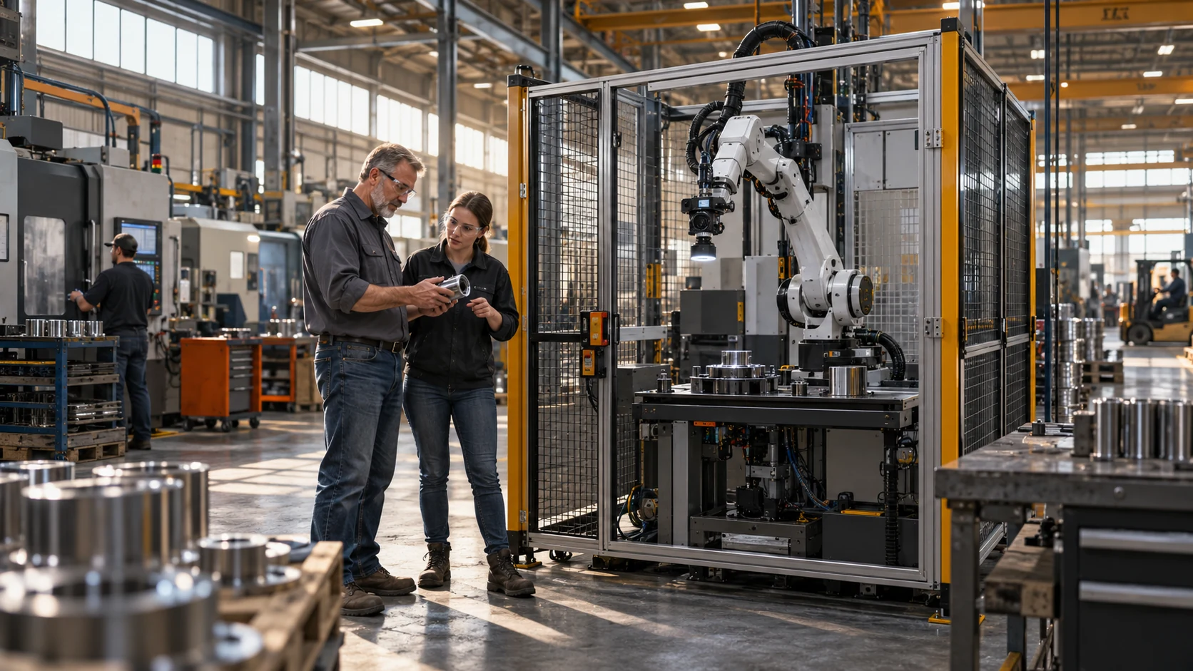 AI-generated editorial illustration of an operator and engineer examining a component beside a guarded robotic inspection cell.
