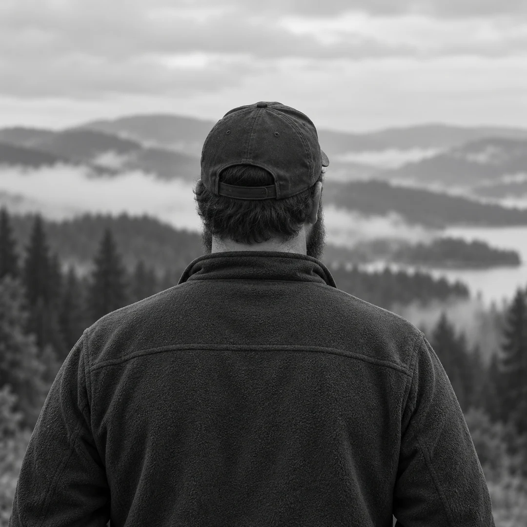 AI-created anonymous portrait of a team member looking toward Northwest forested hills.